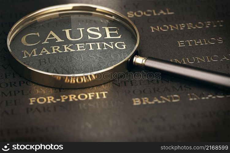 Cause marketing written with golden letters overe black background with magnifier. Corporate image concept. 3d illustration.. Corporate image, cause marketing.