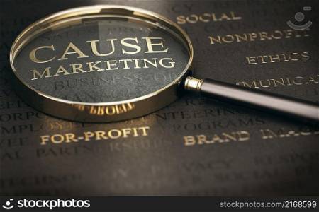Cause marketing written with golden letters overe black background with magnifier. Corporate image concept. 3d illustration.. Corporate image, cause marketing.