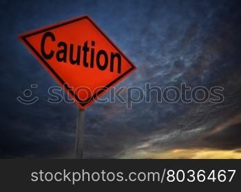 Caution warning road sign with storm background