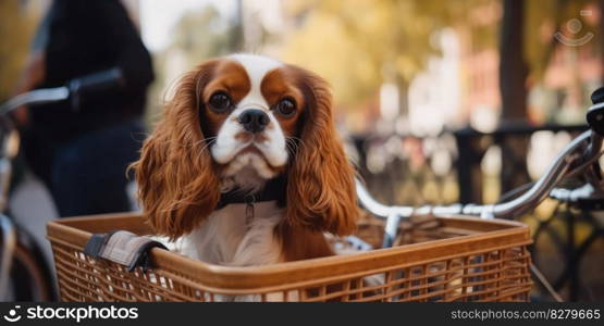 Cavalier King Charles Spaniel dog have fun bicycle ride on sunshine day morning in summer on town street