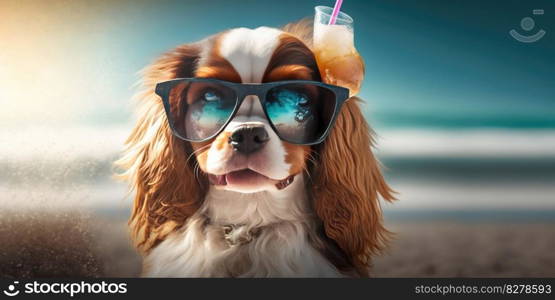 Cavalier King Charles Spaniel dog is on summer vacation at seaside resort and relaxing rest on summer beach of Hawaii