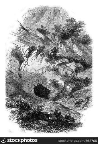 Cave entrance Cassana, the Palmaria island, vintage engraved illustration. Magasin Pittoresque 1869.