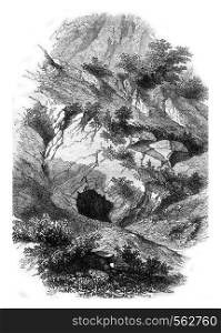 Cave entrance Cassana, the Palmaria island, vintage engraved illustration. Magasin Pittoresque 1869.