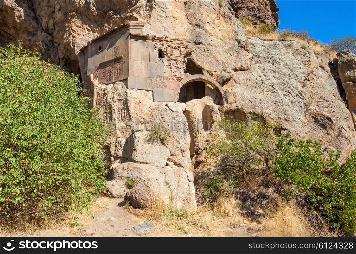 Cave near Geghard Monastery in the Kotayk province of Armenia, carved out of the adjacent mountain.