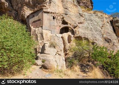 Cave near Geghard Monastery in the Kotayk province of Armenia, carved out of the adjacent mountain.