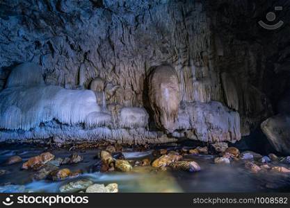 Cave passage with beautiful Stalactites in Thailand (Tanlodnoi cave)