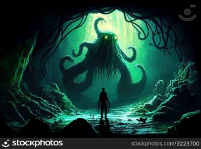 Cave with a monster squid illustration. Ai genrative.