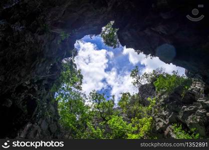 Caves in limestone cliffs, Phang Nga Bay, Thailand
