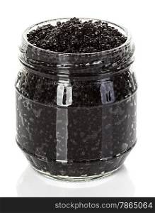 Caviar black in a glass jar isolated on white background