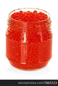 Caviar red in a glass jar isolated on white background