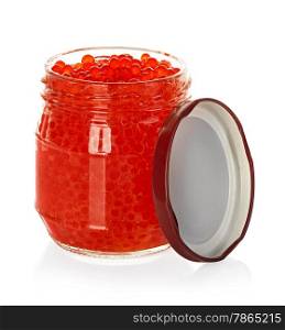 Caviar red in a glass jar isolated on white background