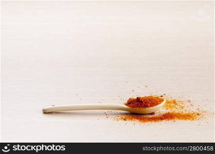 Cayenne Pepper in a spoon with some spilt over the wooden background