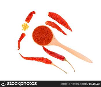 Cayenne pepper in wood spoon on white background,Top view