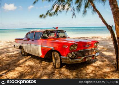 Cayo Jutias, Cuba - December 14, 2016: American classic car on the beach Cayo Jutias, Province Pinar del Rio, Cuba