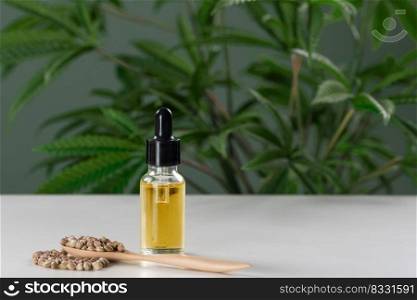 CBD oil extracted from marijuana in a glass bottle with a dropper lid, pile of hemp seeds on a wooden spoon against a background of green plants. Legalized cannabis concept.. Legalized CBD oil extracted from marijuana in a glass bottle with a dropper lid.