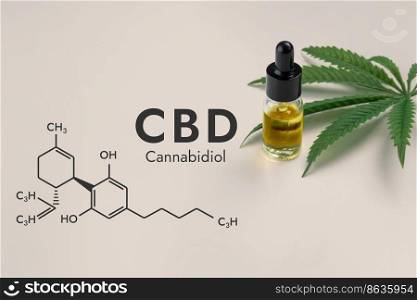CBD oil in a clear, glass bottle with a dropper lid, isolated on a white background and biochemistry formula hexagon illustration, to represent the legalized marijuana extract’s concept.. Legalized CBD oil in container with green hemp leaf and biochemistry formula.