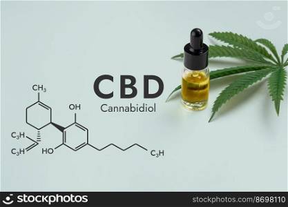 CBD oil in a clear, glass bottle with a dropper lid, isolated on a white background and biochemistry formula hexagon illustration, to represent the legalized marijuana extract&rsquo;s concept.. Legalized CBD oil in container with green hemp leaf and biochemistry formula.