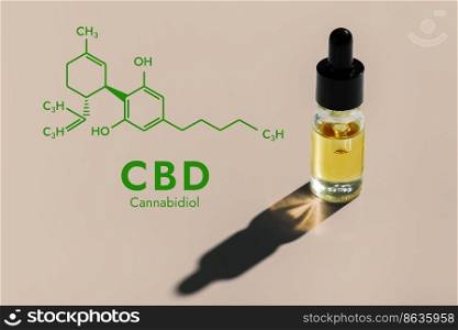 CBD oil in a clear, glass container, isolated on a white background and biochemistry formula hexagon illustration, to represent the legalized marijuana extract’s concept.. Legalized CBD oil in container with a dropper lid and biochemistry formula.