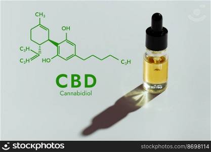 CBD oil in a clear, glass container, isolated on a white background and biochemistry formula hexagon illustration, to represent the legalized marijuana extract&rsquo;s concept.. Legalized CBD oil in container with a dropper lid and biochemistry formula.