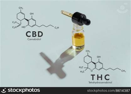 CBD oil in a clear, glass container with a dropper lid, isolated on a white background and biochemistry formula hexagon illustration, to represent the legalized marijuana extract&rsquo;s concept.. Legalized CBD oil in container with a dropper lid and biochemistry formula.