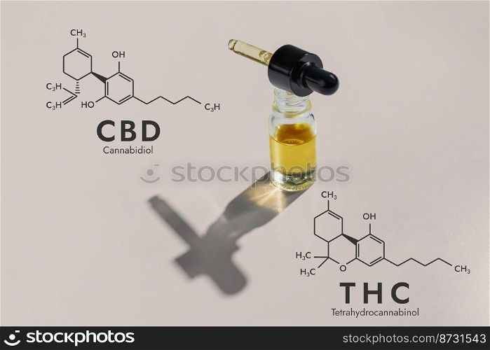 CBD oil in a clear, glass container with a dropper lid, isolated on a white background and biochemistry formula hexagon illustration, to represent the legalized marijuana extract&rsquo;s concept.. Legalized CBD oil in container with a dropper lid and biochemistry formula.