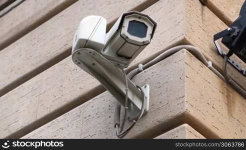 cctv camera on building exterior. Copy space