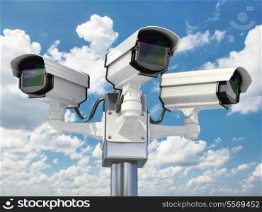 CCTV security camera on cloud sky background. 3d