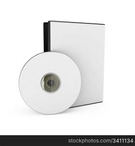 CD/DVD disk with box over white background. 3d render