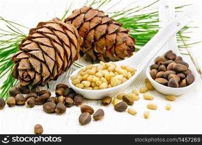Cedar nuts in two spoons, two pinecones and green branches on a light wooden board background