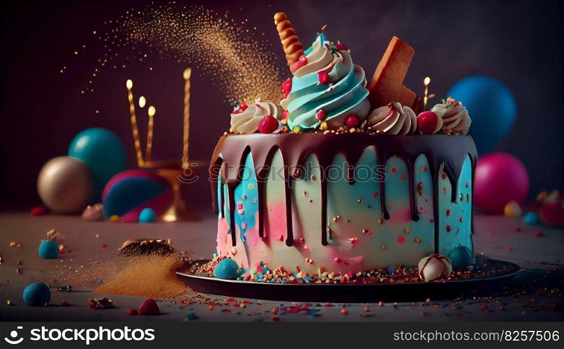 Celebration birthday cake with lots of icing and decorations. generative ai illustration. . Celebration birthday cake with lots of icing and decorations. generative ai. 