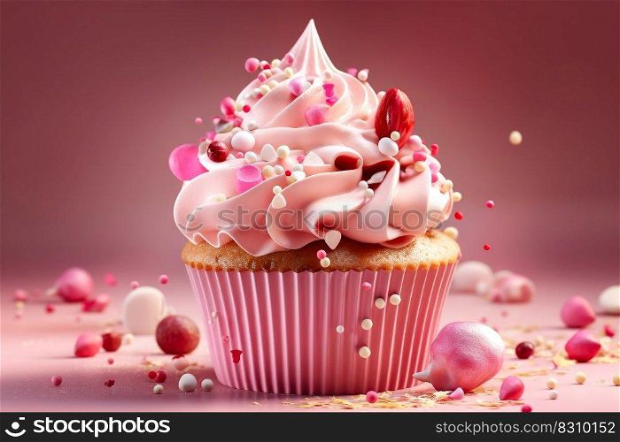 Celebration birthday pink cupcake with lots of icing and decorations , Happy birthday Party , Generate Ai