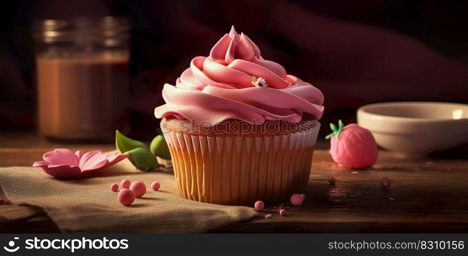 Celebration birthday pink cupcake with lots of icing and decorations , Happy birthday Party , Generate Ai