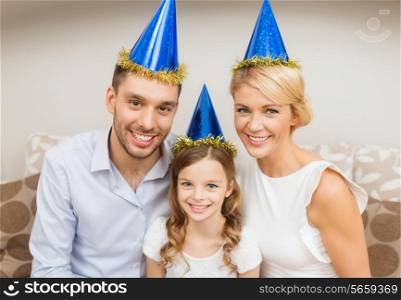 celebration, family, holidays and birthday concept - happy family at home