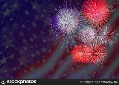 Celebration fireworks over American flag background. 4th of July beautiful fireworks. Independence Day holidays salute.. Celebration fireworks over American flag background