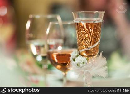 Celebration glasses with drinks decorated close up. Celebration glasses with drinks decorated
