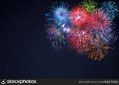 Celebration multicolored fireworks, copy space. Beautiful fireworks. Holidays salute. 4 of July. 4th of July. Independence Day. New Year. Celebration colorful fireworks.. Celebration multicolored fireworks, copy space