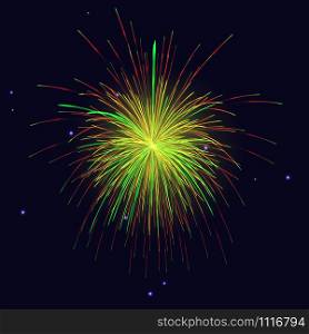 Celebration vector red golden green fireworks over night sky. 4th of July Independence Day, New Year holidays background.