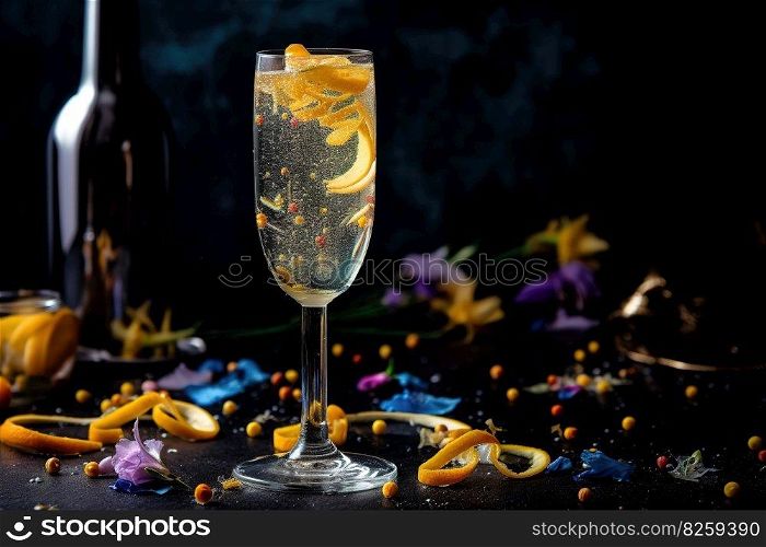 Celebratory French 75 cocktail, served in a ch&agne flute and garnished with a twist of lemon, surrounded by a festive atmosphere with confetti and party decorations. Generative Ai