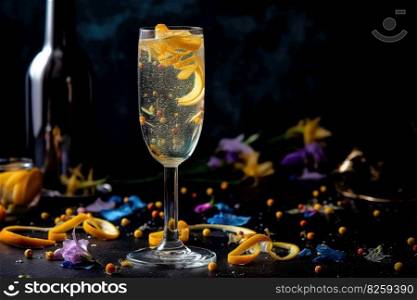 Celebratory French 75 cocktail, served in a ch&agne flute and garnished with a twist of lemon, surrounded by a festive atmosphere with confetti and party decorations. Generative Ai
