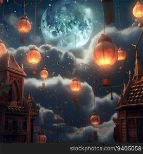Celestial Lanterns  A Mesmerizing Night Sky with Moon and Illuminated Lanterns