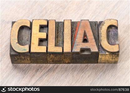 celiac word abstract in vintage letterpress wood type