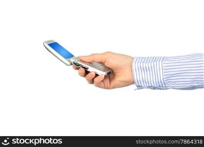 Cell phone in hand. Isolated over white.