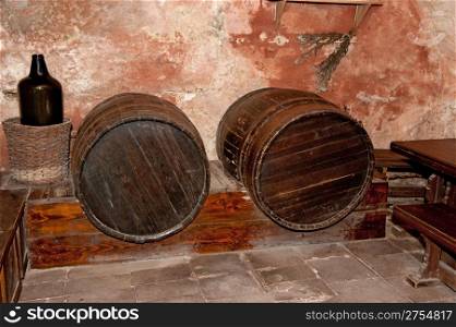 Cellar with casks. An old basement with wine casks