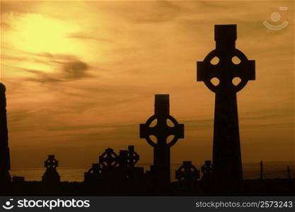 Celtic crosses at dusk, County Clare, Republic of Ireland