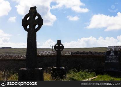 Celtic crosses in cemetery, Aran Islands, Ireland