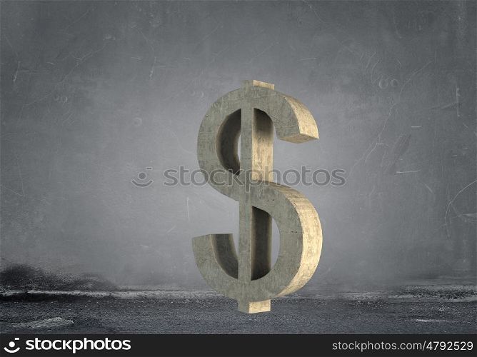 Cement big dollar in room. Stone dollar currency symbol in empty concrete room