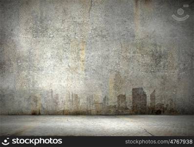 Cement wall. Background image of cement wall with city picture