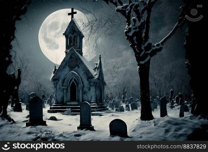 Cemetery covered by snow in winter. Dramatic sky background created by generative AI