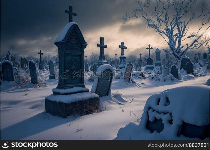 Cemetery covered by snow in winter. Dramatic sky background created by generative AI