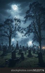 Cemetery night. Moonlit cemetery with weathered tombstones. Halloween background concept.